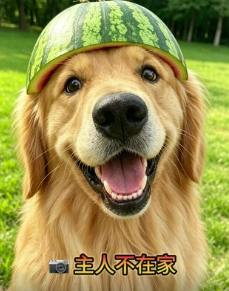 Golden retriever with watermelon hat